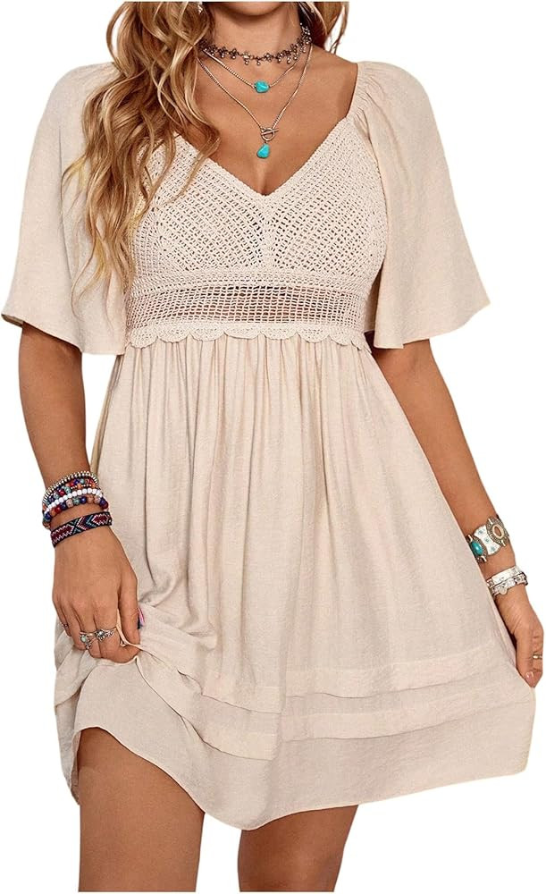 BEAUDRM Women's Hollow Out Short Dress Summer Ruffle V Neck Short Sleeve A Line Flowy Western Cow... | Amazon (US)