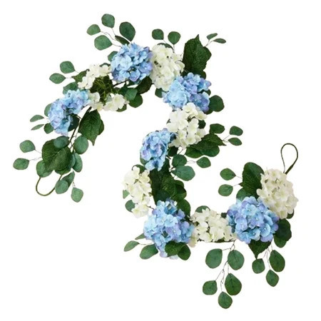 Coollooc Blue White Hydrangeas Floral Garland, 6Ft Spring Summer Flower Garland, Artificial Flower White Rose Green Plants for Home Table Centrepiece Stairs Wedding Party Decorations | Walmart (US)