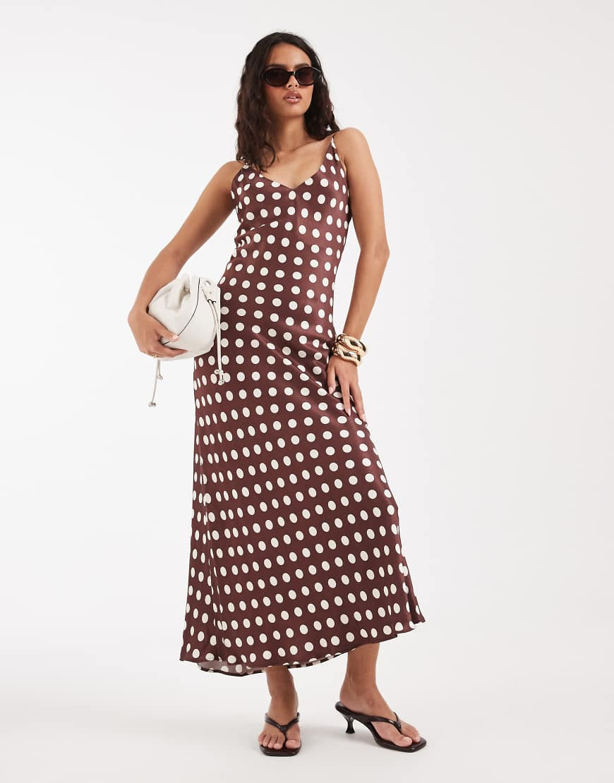 River Island polka dot slip dress in brown | ASOS (Global)