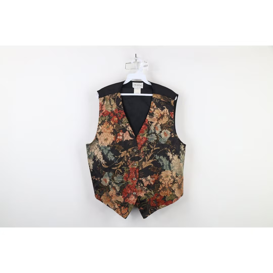 90s Streetwear Womens 14 / 16 Flower Floral Tapestry Vest Jacket USA, Vintage Flower Tapestry Ves... | Etsy (US)