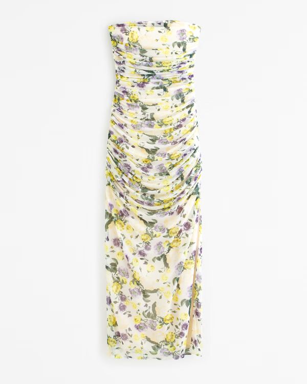 Women's Mesh Strapless Ruched Gown | Women's New Arrivals | Abercrombie.com | Abercrombie & Fitch (US)