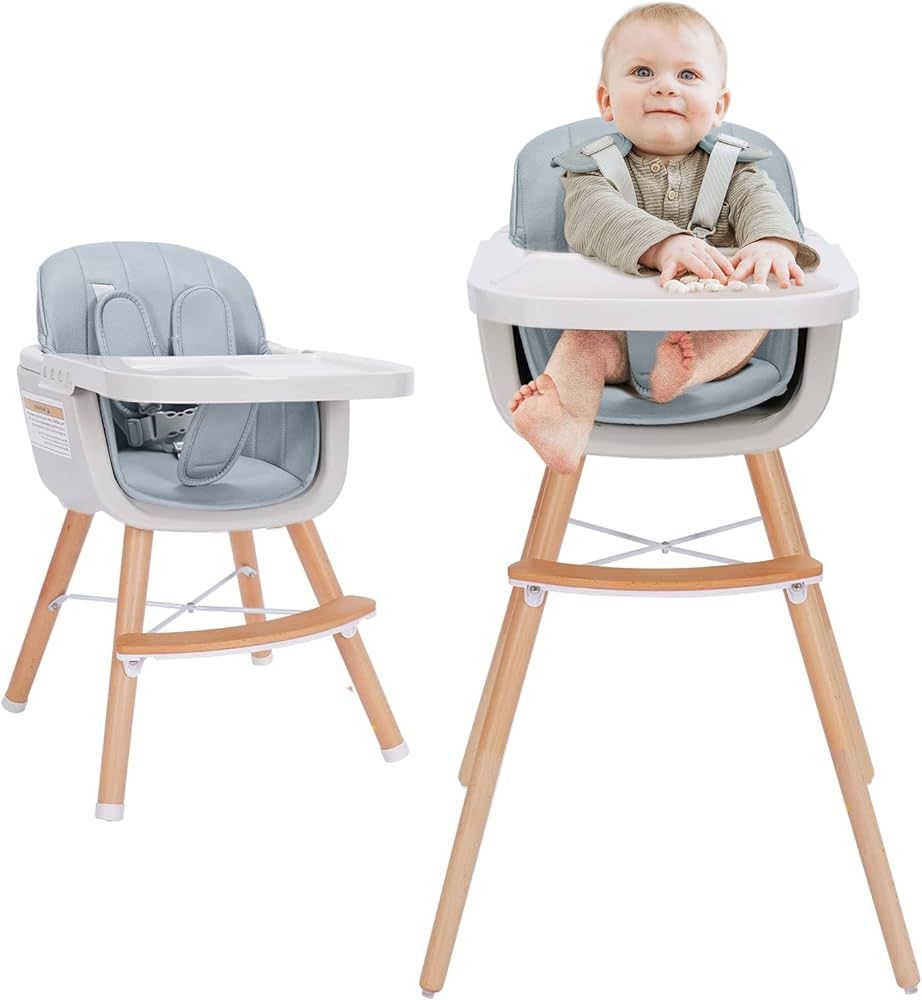 3-in-1 Wooden High Chair,Baby High Chair with Adjustable Legs & Dishwasher Safe Tray, Made of Sle... | Amazon (US)