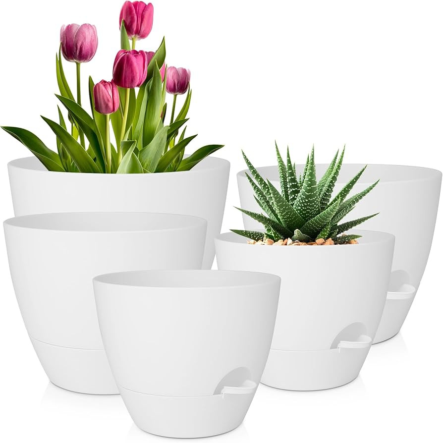 Plant Pots 10/9/8/7.5/7 Inch Self Watering Pots, Set of 5 Plastic Planters with Drainage Holes an... | Amazon (US)