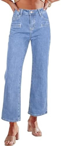 Astylish Women's Trendy Straight Leg Stretchy Jeans Mid High Waisted Cropped Jeans Wide Leg Denim... | Amazon (US)