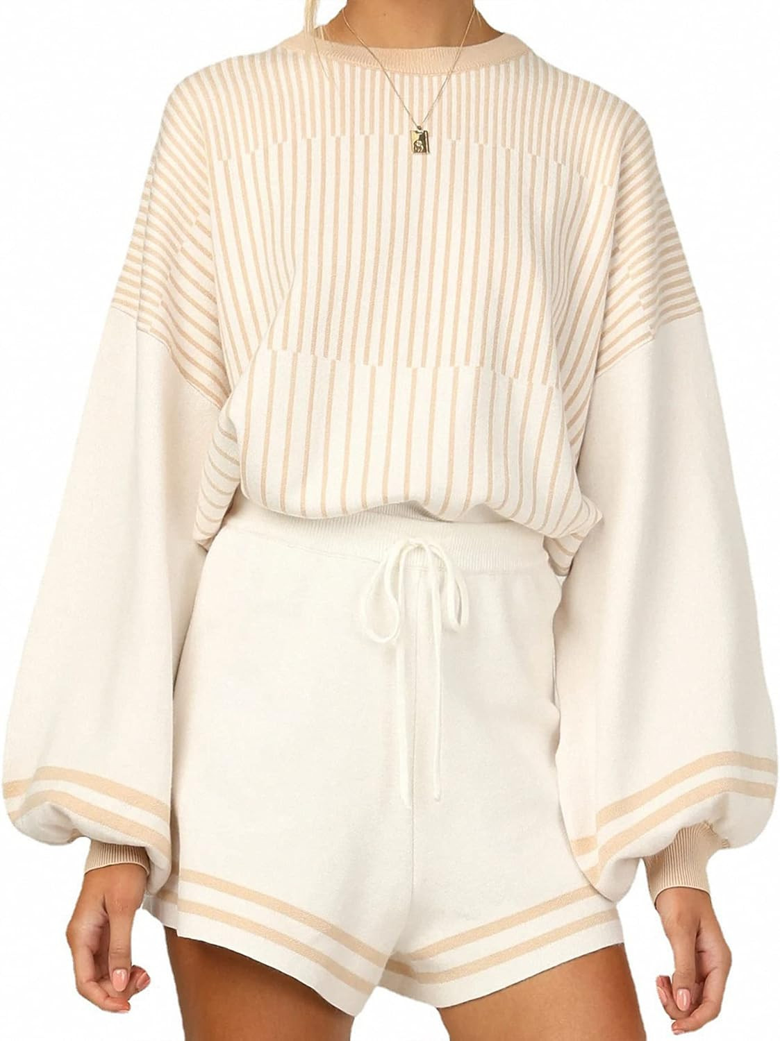 Rxozrxoz Women's Casual Striped 2 Piece Knitted Outfits Crewneck Wide Leg Pullover Knit Shorts Sw... | Amazon (US)