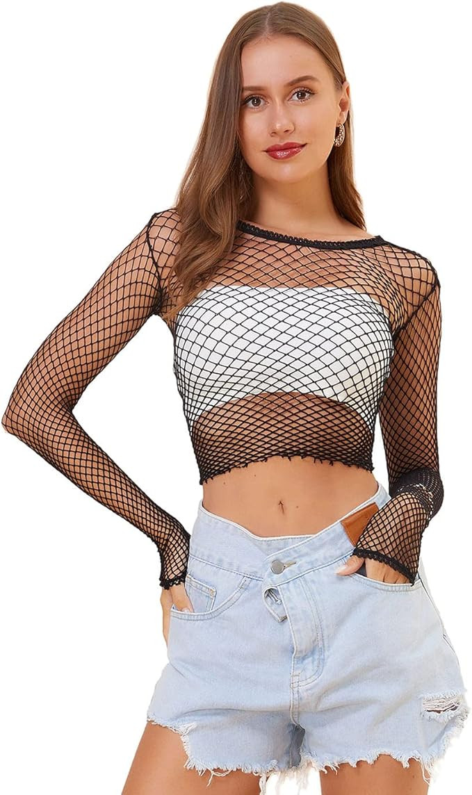 LEMON GIRL Women Fishnet Long Sleeve Crop Top Lingerie Babydoll Chemise Mesh Tops US2-16 | Amazon (US)