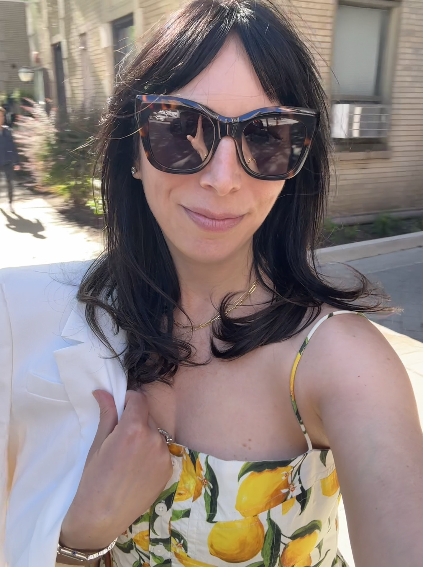 A preview of good things to come in J.Crew. The newest June collection is too cute ❤️ A lemon 🍋 dress, a white blazer, big sunglasses, and brown sandals. I am ready for summer in Chicago and transporting myself to Italy 🇮🇹 #injcrew #jcrew 

#LTKOver40 #LTKSeasonal
