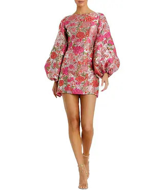 Mac Duggal Round Neck Long Bishop Sleeves Floral Brocade Sheath Mini Dress | Dillard's | Dillard's