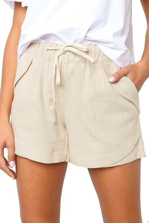 FEKOAFE Women Comfy Drawstring Casual Elastic Waist Cotton Shorts with Pockets (S-2XL) | Amazon (US)