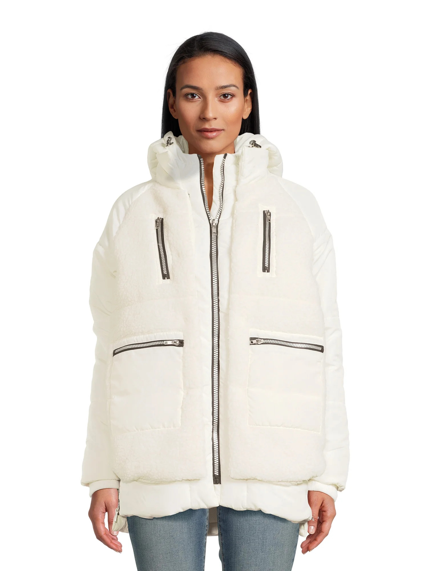 Jason Maxwell Women's Mixed Media Faux Sherpa Jacket with Hood - Walmart.com | Walmart (US)