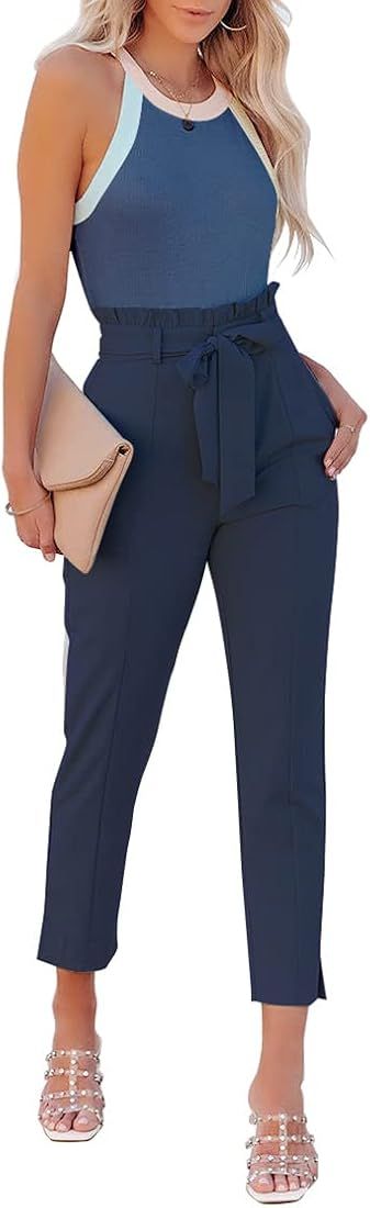 FANCYINN Womens 2 Pieces Crop Pants Set High Neck Tank Tops High Waisted Cropped Paper Bag Pencil Pa | Amazon (US)