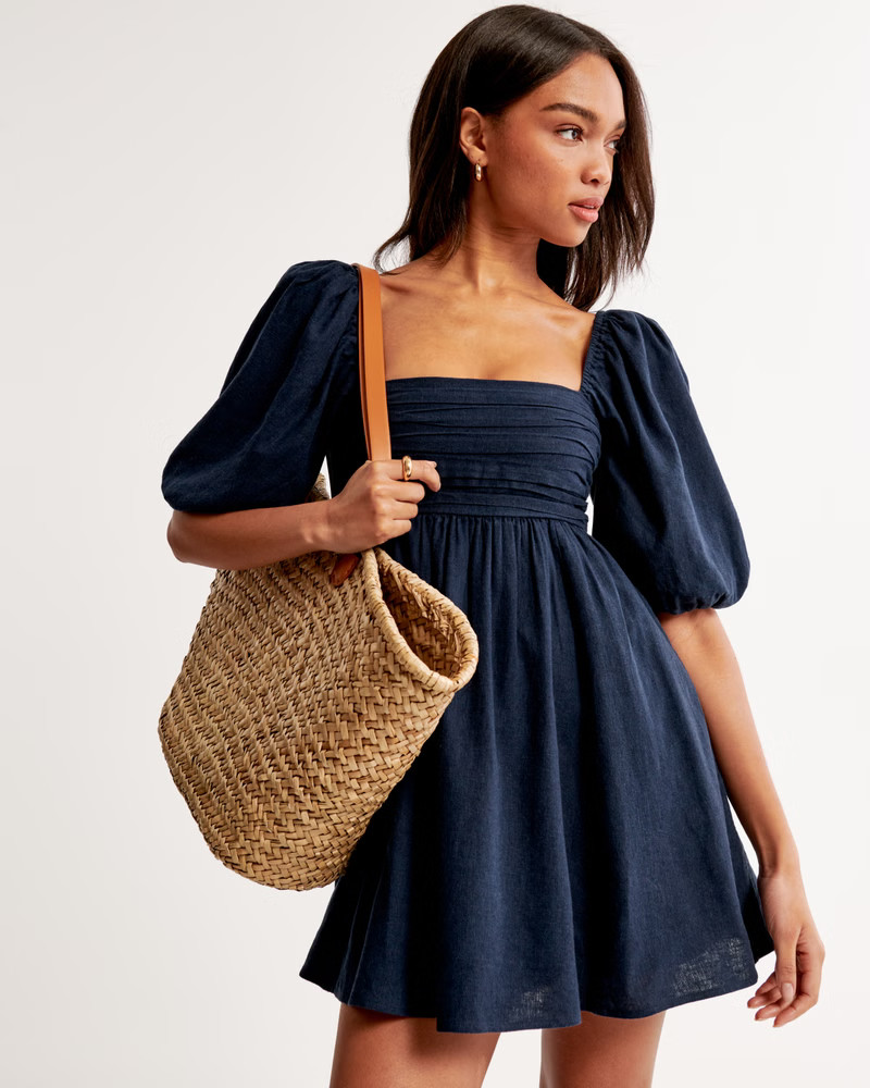 Emerson Linen-Blend Puff Sleeve Mini Dress | Abercrombie & Fitch (US)