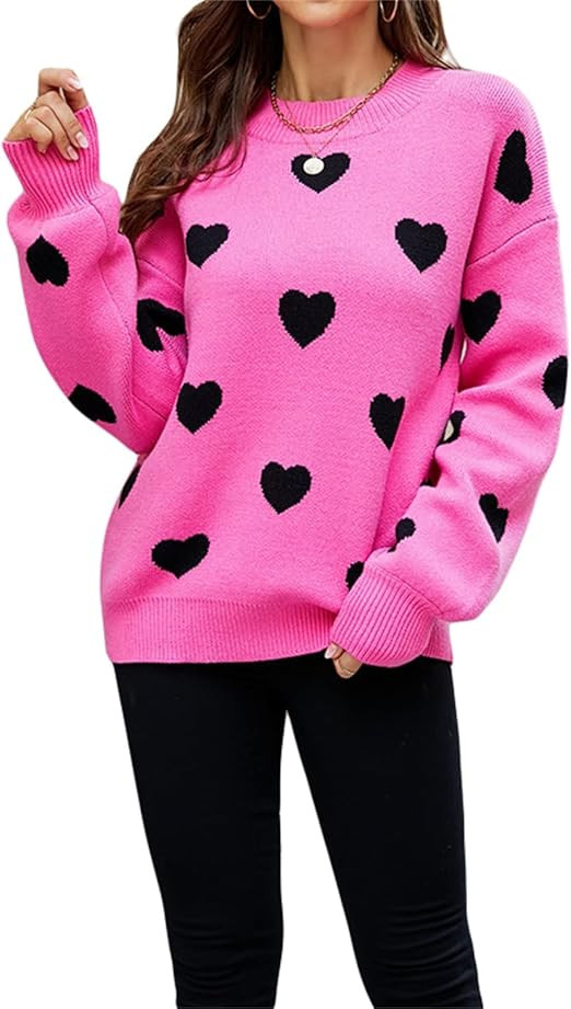 Women's Love Heart Pullover Sweaters Long Sleeve Crewneck Valentine's Day Cute Heart Knitted Jump... | Amazon (US)