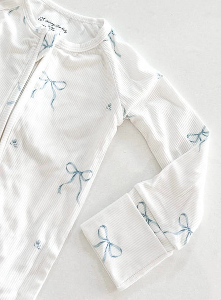 Bamboo Ribbed Zipper Romper in Blue Bows | PEGGI + ME
