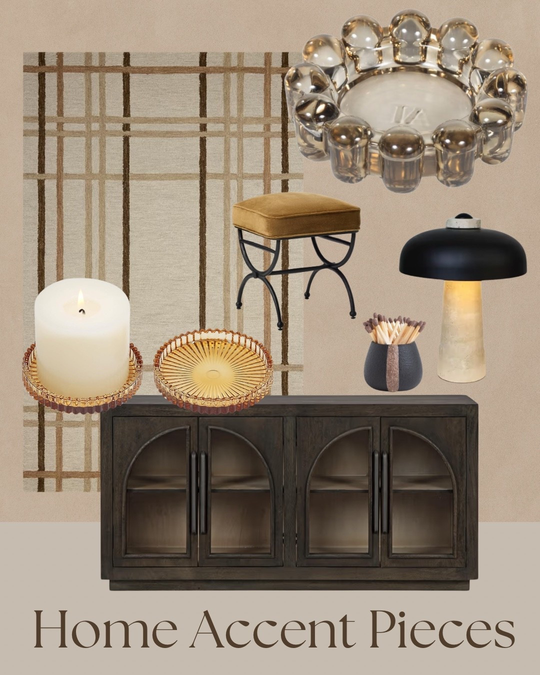 These are the kind of home accent pieces that quietly pull a room together without trying too hard.
The neutral plaid rug adds warmth and texture, the dark wood cabinet grounds the space, and the glass details bring in that soft reflective glow that always elevates a room. I love mixing sculptural pieces like the glass bowl with cozy touches like candles and small stools for balance.

#LTKhome #LTKfinds #LTKdecor #homedecor #neutralhome #classicdecor #homeinspo #livingroomdecor

#LTKHome