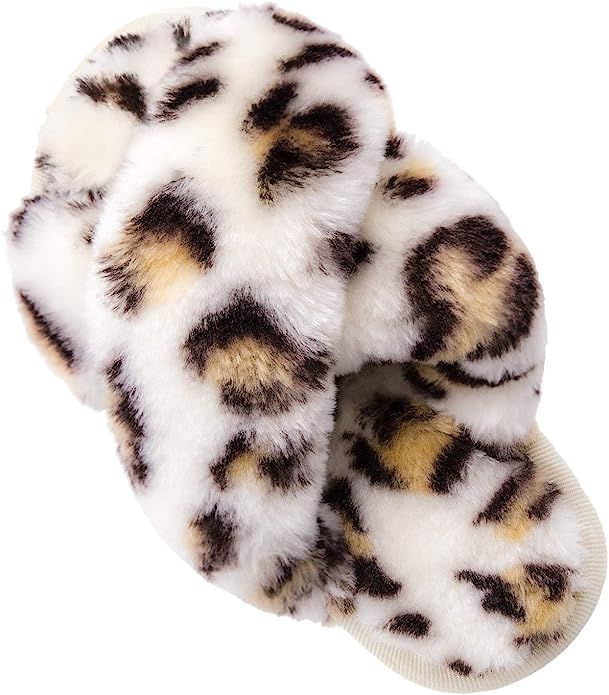 Girl's Fluffy Slippers Kids' Fuzzy Slippers Slide Sandals Leopard Tie Dye Cross Band Plush Open T... | Amazon (US)