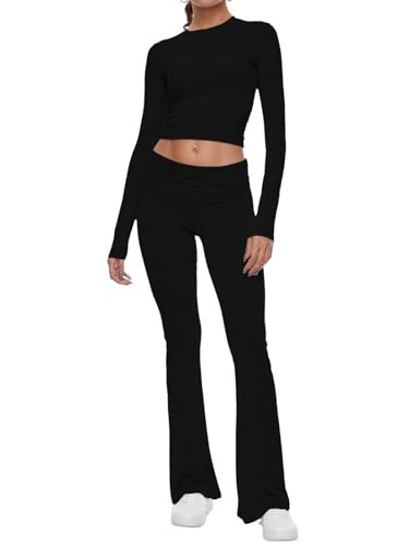 AnotherChill Women's 2 Piece Lounge Sets Fold-over Flare Pants Set Long Sleeve Cropped Top Casual Outfits Pajamas (Black, Medium) | Amazon (US)