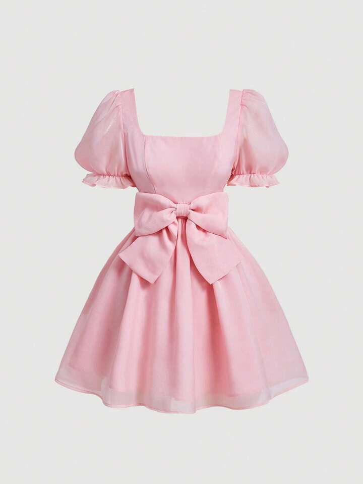SHEIN MOD Women's Romantic Princess Style Pink Short Dress With Bowknot Decoration | SHEIN