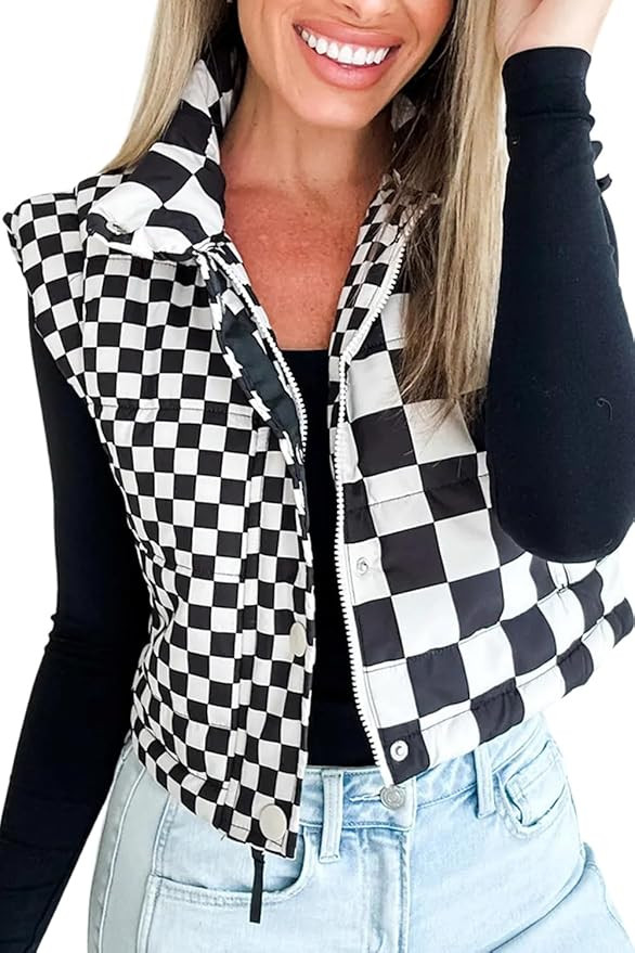 Maketina Womens Checkered Cropped Puffer Vest Lightweight Zip Sleeveless Padded Gilet with Pocket... | Amazon (US)