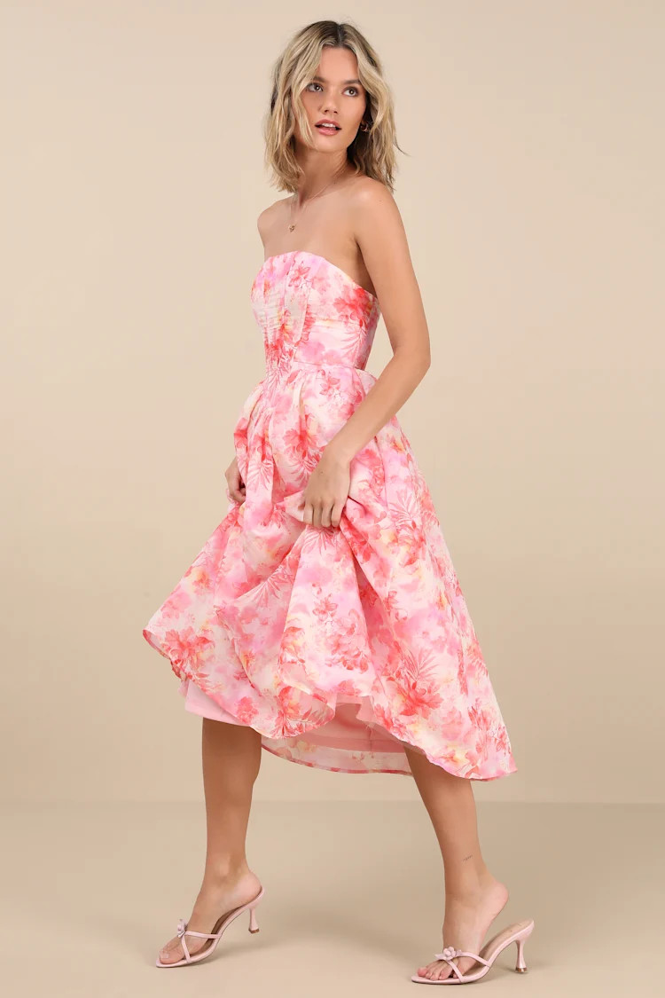 Eulalia Pink Floral Lace-Up Strapless Bustier Midi Dress | Lulus