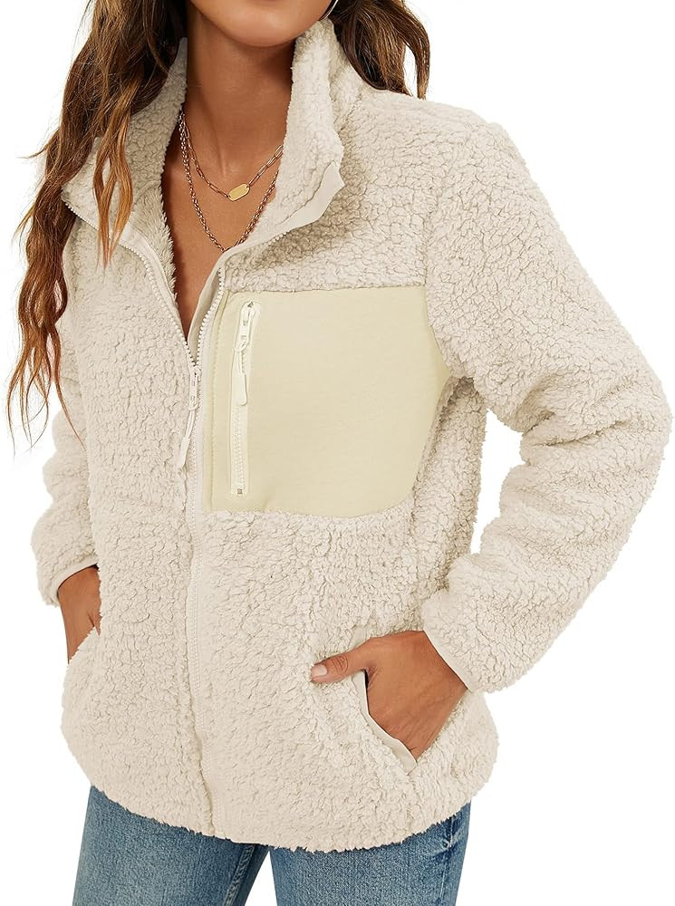 VVK Women's Fashion Faux Shearling Shaggy Full Zip Coats Warm Winter Patchwork Jackets with Pocke... | Amazon (US)