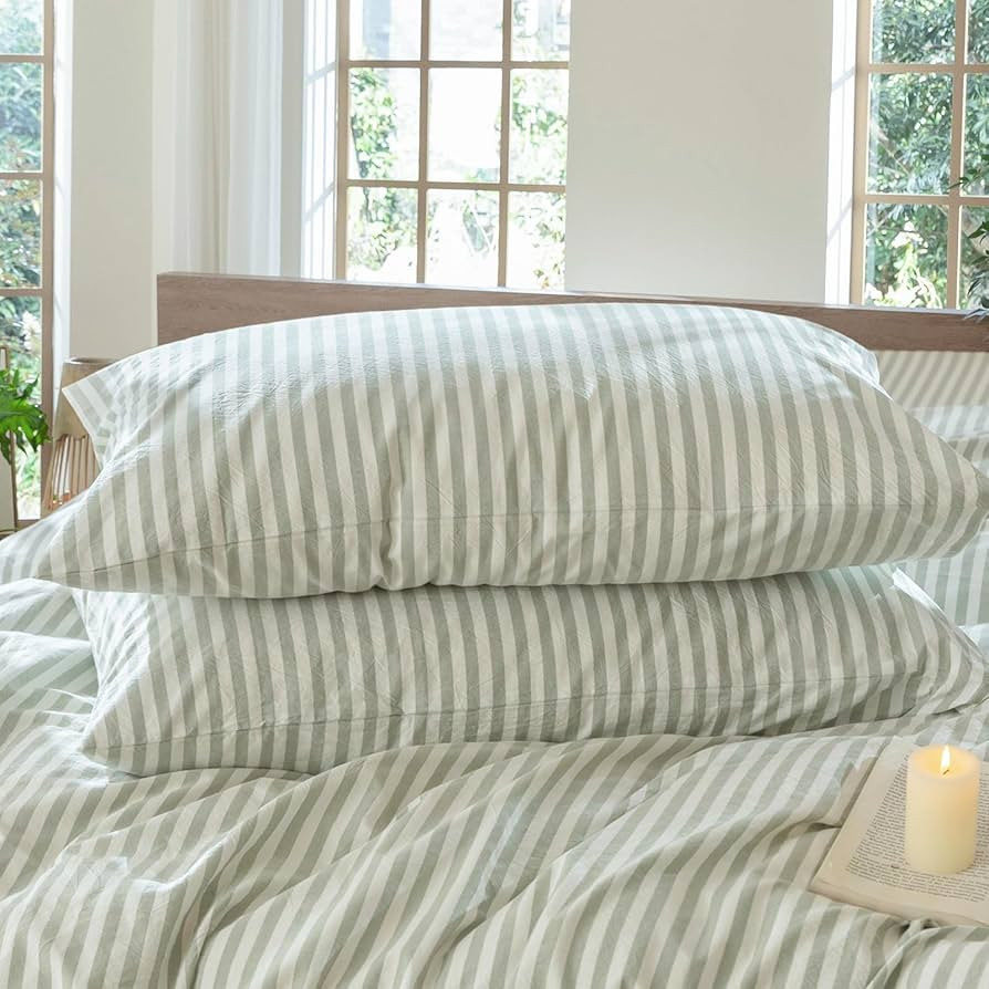 MooMee Bedding Pillowcases Striped Pack of 2 100% Washed Cotton Linen Like Textured Breathable Du... | Amazon (US)