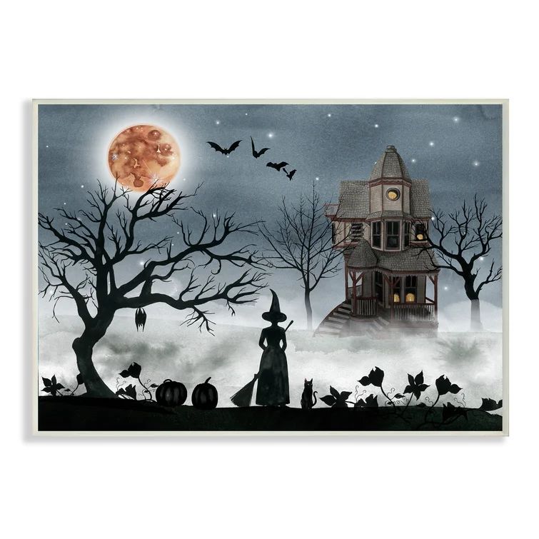 Halloween Witch Silhouette In Full Moon Haunted House Scene - Graphic Art | Wayfair North America