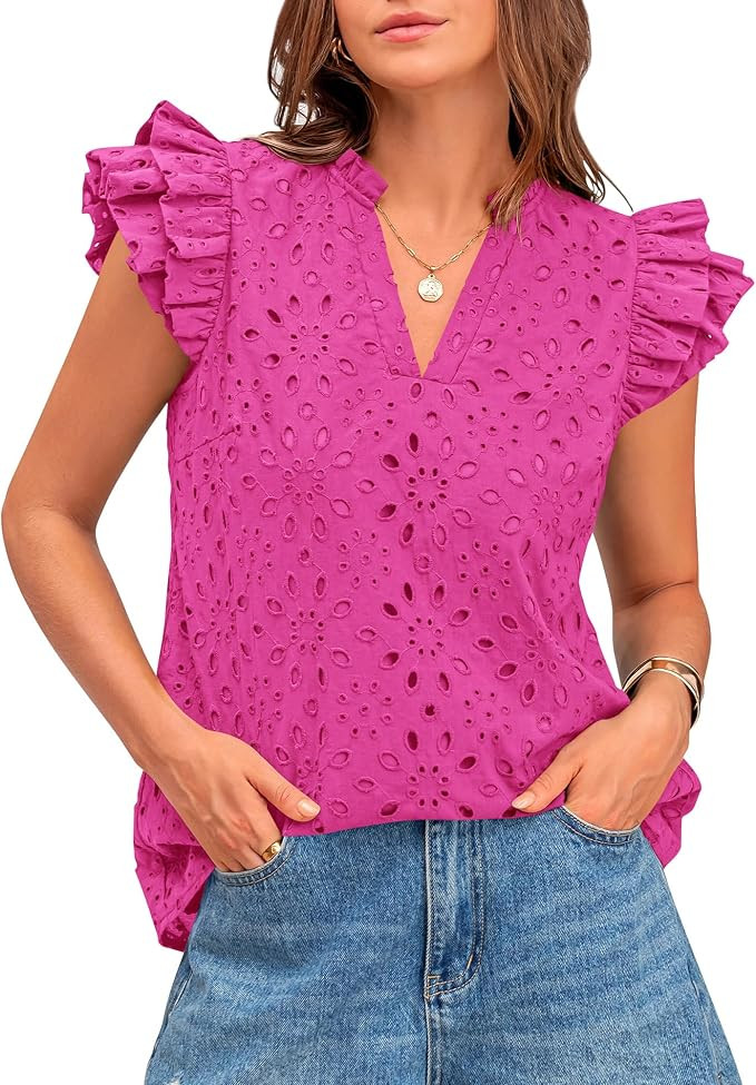 BTFBM Summer Tops for Women 2026 Dressy Casual Embroidered Eyelet Blouses V Neck Ruffle Sleeve Sp... | Amazon (US)