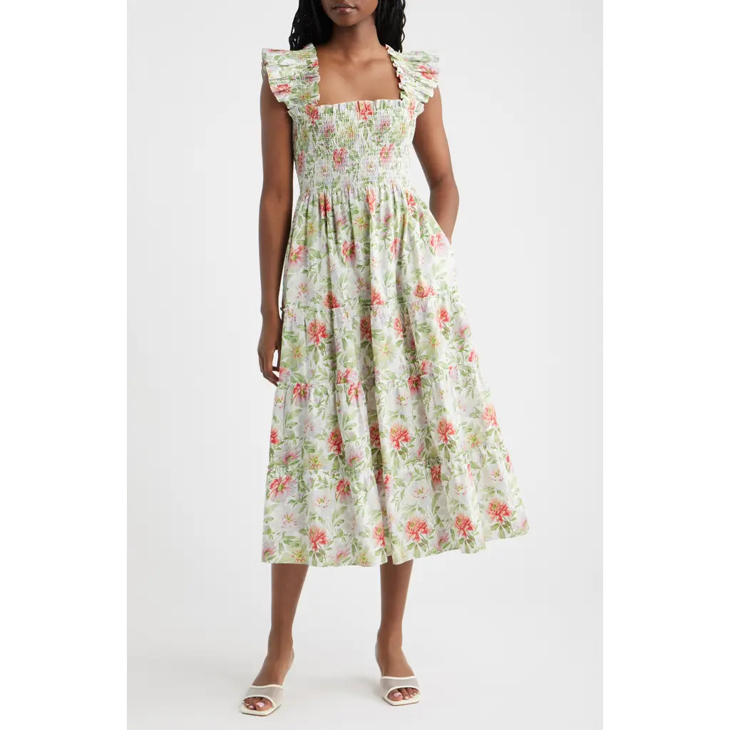 Hill House Home The Ellie Floral Flutter Sleeve Nap Midi Dress in Peony Chintz at Nordstrom, Size Medium | Nordstrom