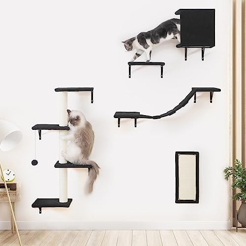 Modern Wall-Mounted Cat Furniture - 5pcs Cat Wall Shelves, Wooden Climber Includes House, Bridge,... | Amazon (US)