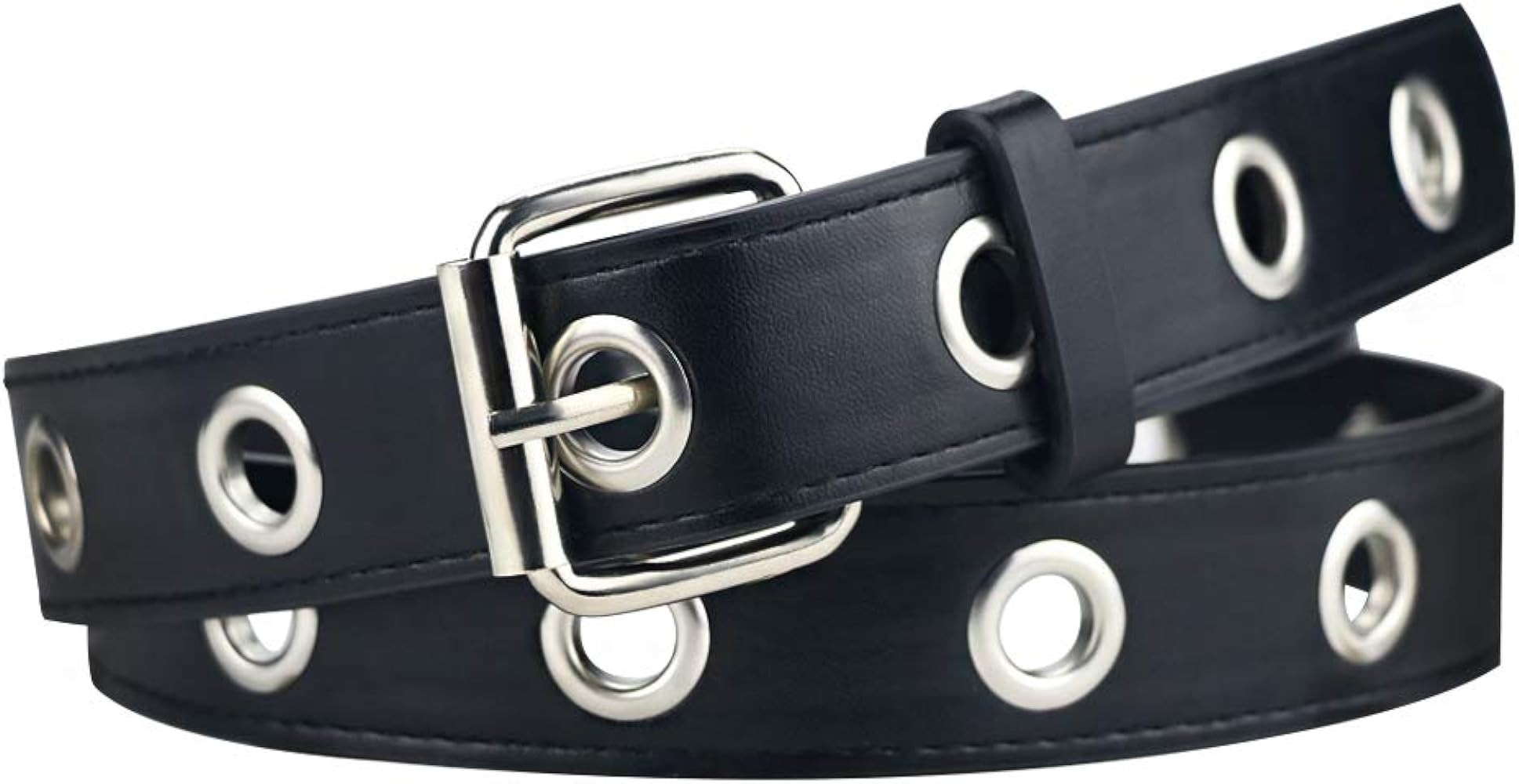 Grommet Leather Belts for Women, Black Belt Women Men with Double Holes | Amazon (US)