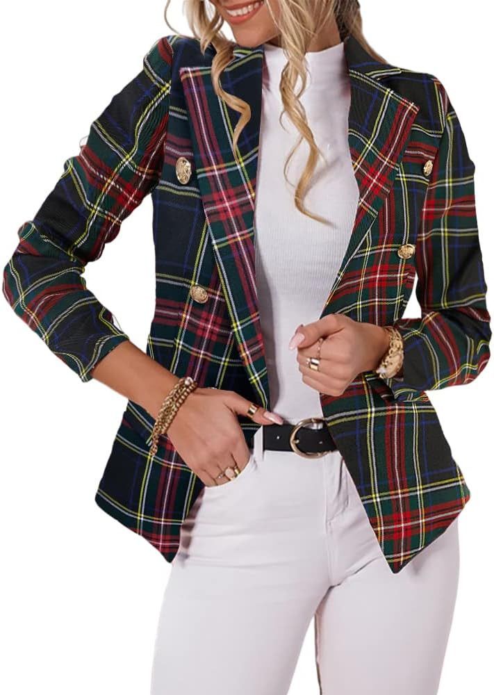 Taodou Womens Casual Plaid Blazer Long Sleeve Double Breasted Jacket Suit Coat, Xmas Dress Outfit,  | Amazon (US)