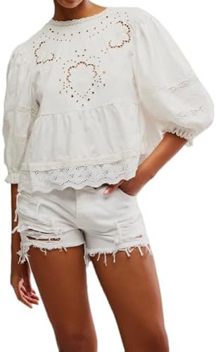 Boho Tie Front Blouse for Women Y2k Puff Sleeve Lace Embroidered Peplum Top Flowy Sheer Eyelet De... | Amazon (US)
