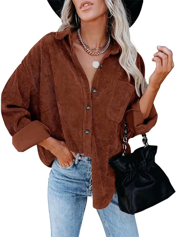 ZOLUCKY Women's Casual Plus Size Shacket Jacket Long Sleeve Button Down Shirts Blouses Tops | Amazon (US)
