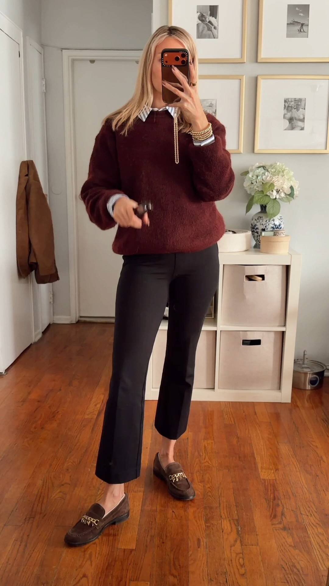 I’m totally in love with these Spanx pants - perfect length and such a comfy fit! Matched it with burgundy sweater & striped shirt and brown loafers. 

Fall outfit, fall fashion, easy outfit idea, work outfit, workwear, maroon sweater, black pants  

#LTKStyleTip #LTKWorkwear #LTKTall