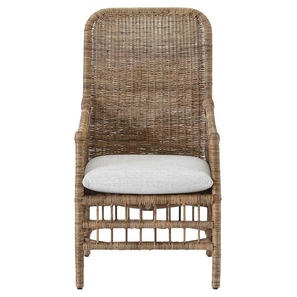 Clio Coastal Beach Off White Cushion Brown Woven Wicker Dining Arm Chair | Kathy Kuo Home