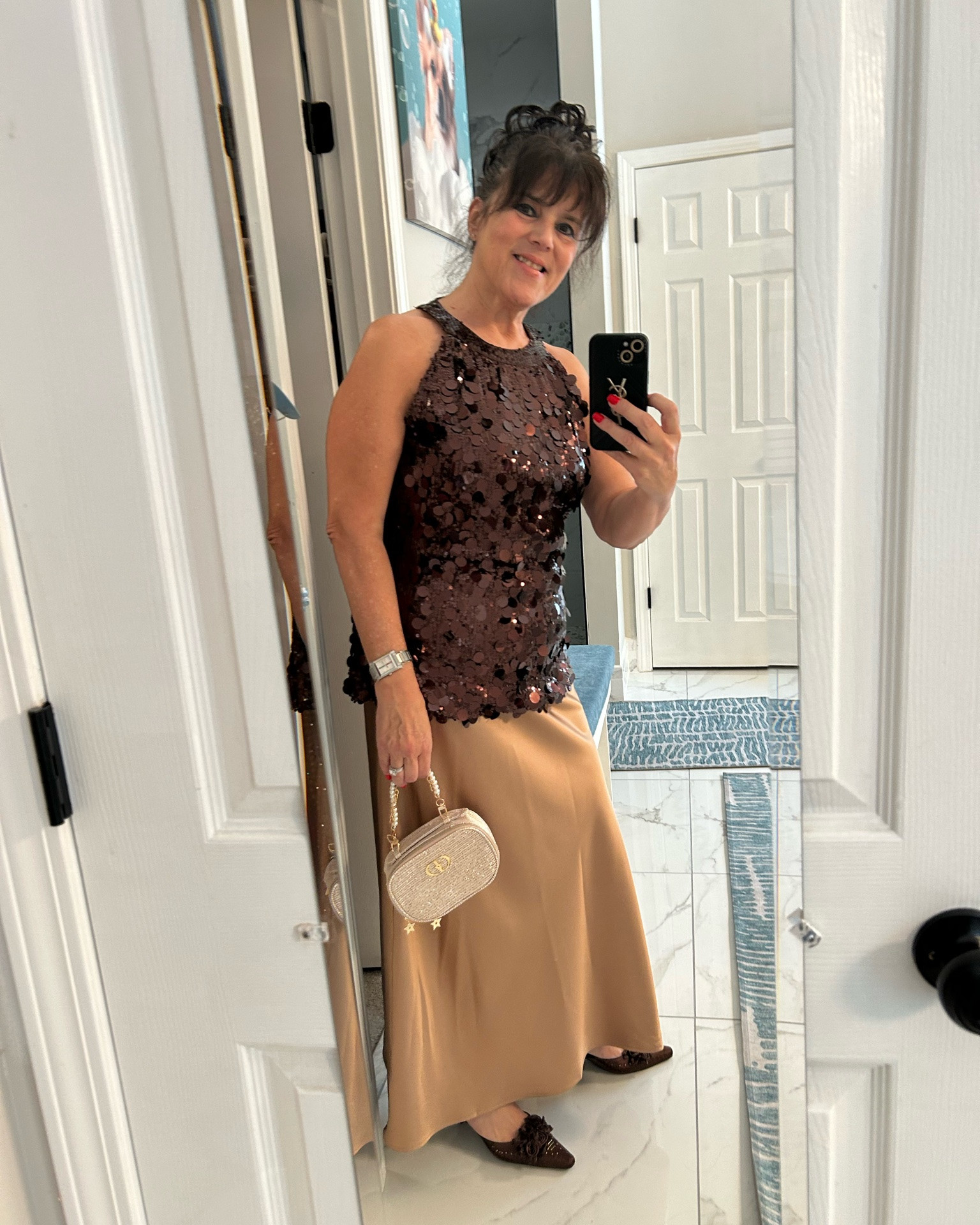 Sequined top with that satin skirt is so classy!! Love how the whole look shines for a night out ✨💃 I am wearing a large top and large skirt.
Who else is ready for event season? #fashionover50 #wearwhatyoulove #eventstyle #partyoutfit #confidentwomen

#LTKWedding #LTKMidsize #LTKOver40