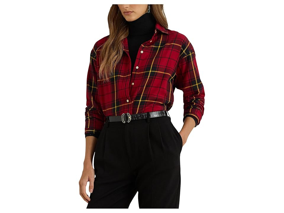 Lauren Ralph Lauren Relaxed Fit Checked Plaid Cotton Shirt Women's Clothing Black/Red : XS | Zappos