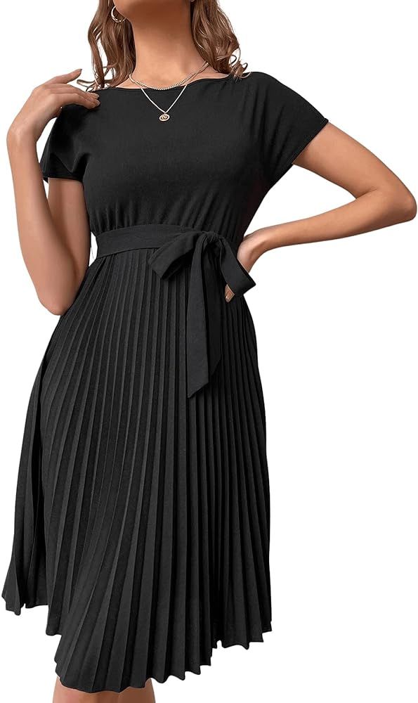 Verdusa Women's Elegant Pleated Short Sleeve High Waist Belted A Line Short Dress | Amazon (US)