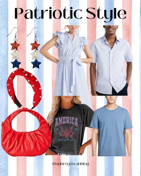 Patriotic Style 🎇🤍 

Memorial Day outfit, Patriotic style, 4th of July outfit, stars earrings, blue striped dress, casual tees for men, red handbag, red pearl headband 