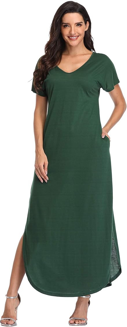 Women's Maxi Dresses Short Sleeve Floral Solid Summer Beach Dress Casual Loose V Neck Side Split Lon | Amazon (US)