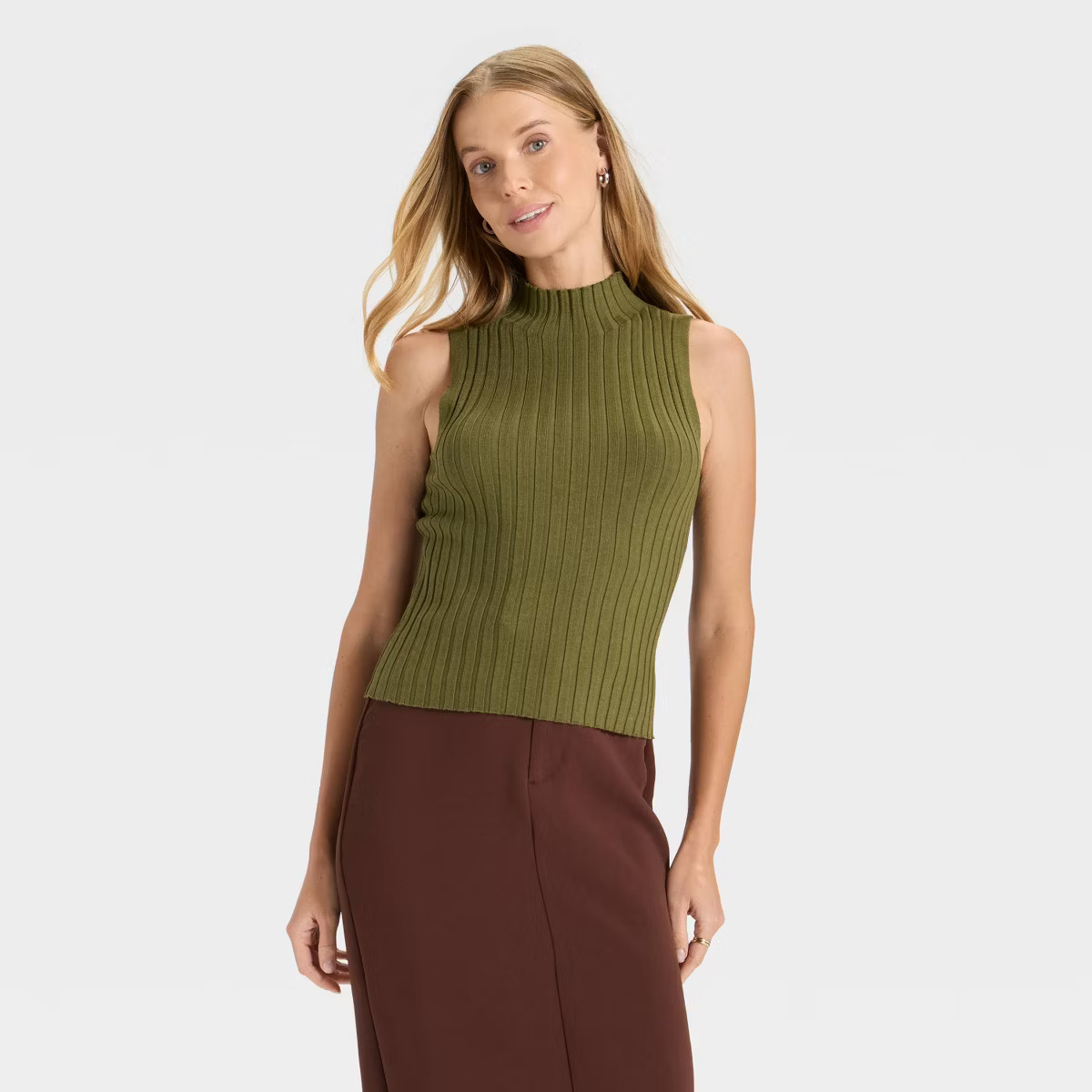 Women's Mock Neck Ribbed Sweater Tank - A New Day™ Olive Green L | Target