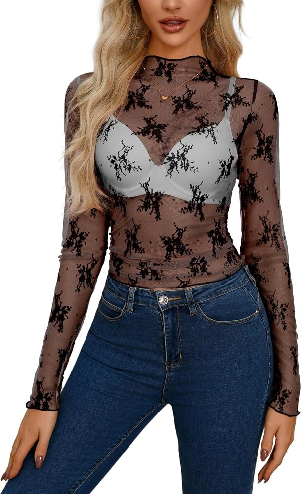 AISEW Womens Mesh Sheer Long Sleeve Crop Tops Mock Neck Sexy See Through Tee Shirts Lace Floral Y... | Amazon (US)