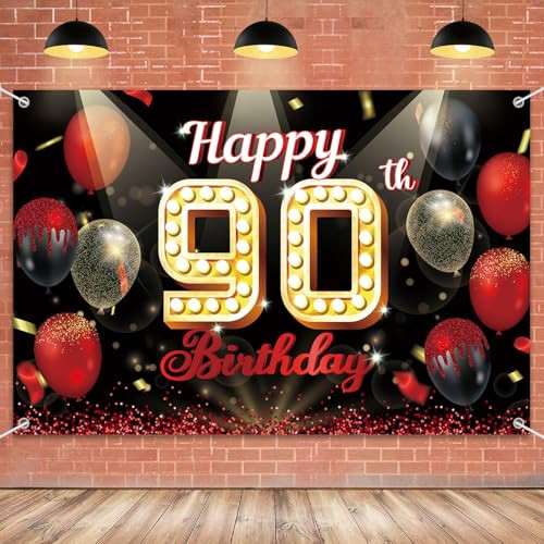 Happy 90th Birthday Backdrop Banner Red Balloon Gold Glitter 90 Years Old Photo Booth Background Premium Vinyl Banner for Indoor/Outdoor Parties, Women Men Adults Celebration 70.8inx45.3in | Amazon (US)