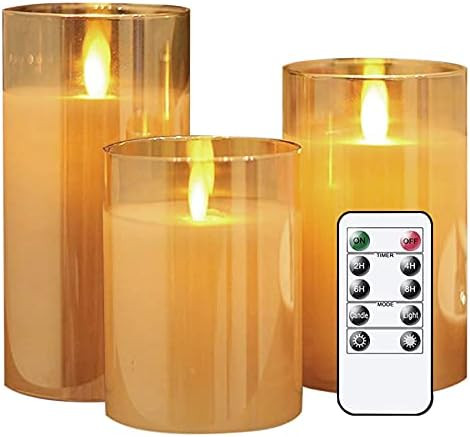Lezonic Amber Glass LED Flameless Candles Battery Operated with Remote and Timer, Pack of 3 (D 3”×H  | Amazon (US)