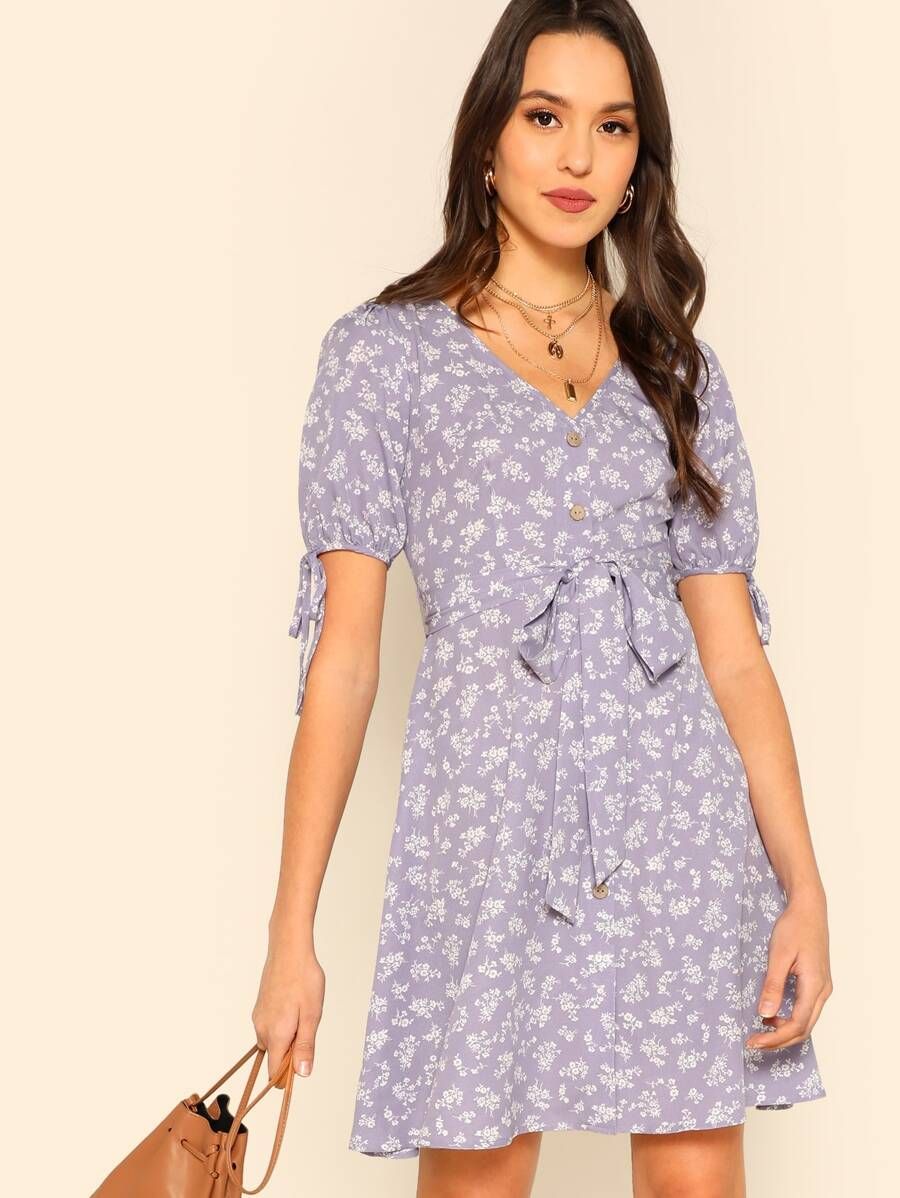 Button Through Floral Print Belted Dress | SHEIN