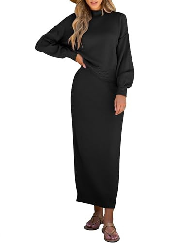 Caracilia 2 Piece Skirt Set for Women Sweater Dress Long Sleeve Oversized Tops Matching Maxi Skirts 2025 Fall Outfits Clothes Black Medium | Amazon (US)