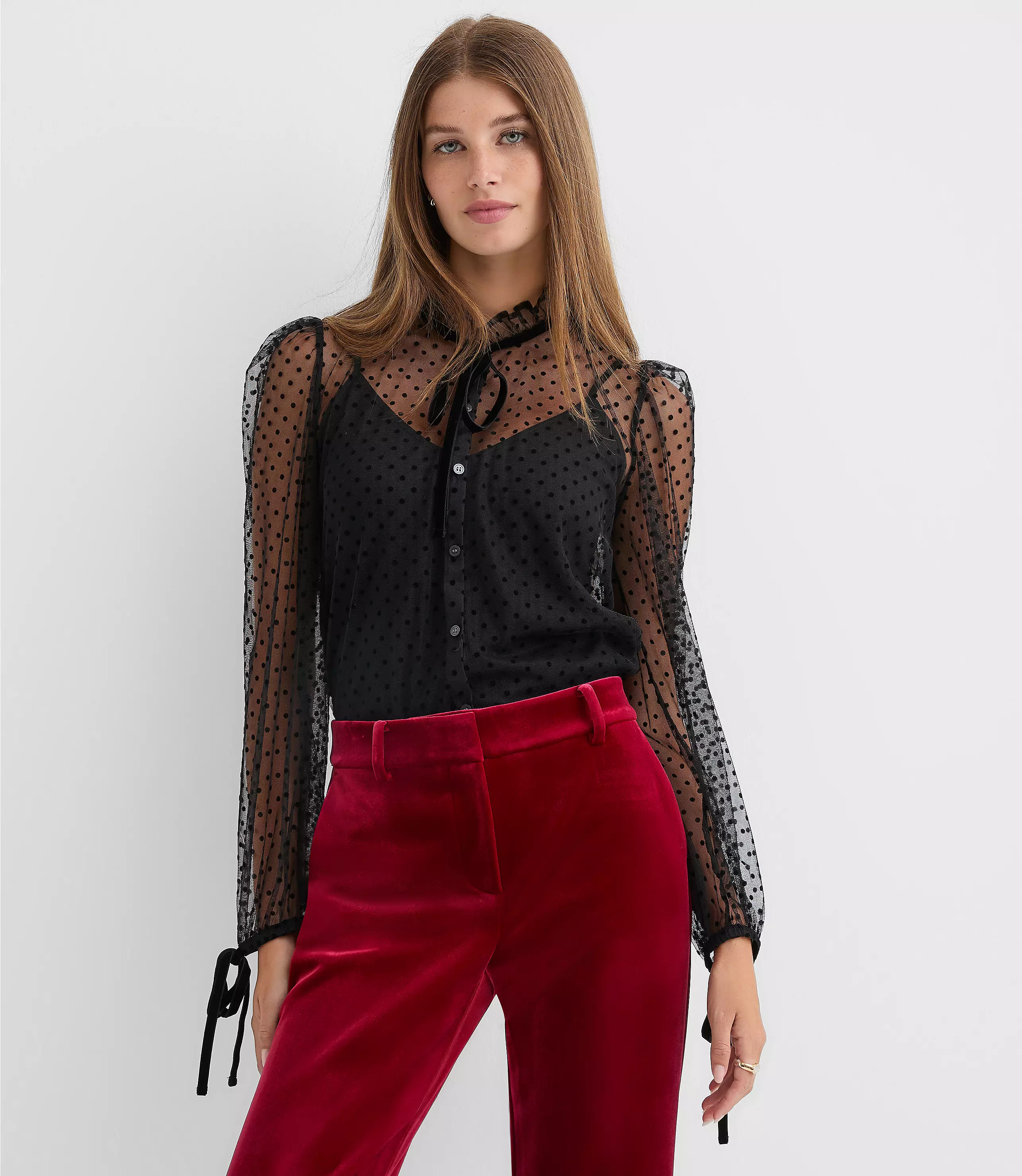 Petite Velvet Dot Tulle Bow Blouse | LOFT