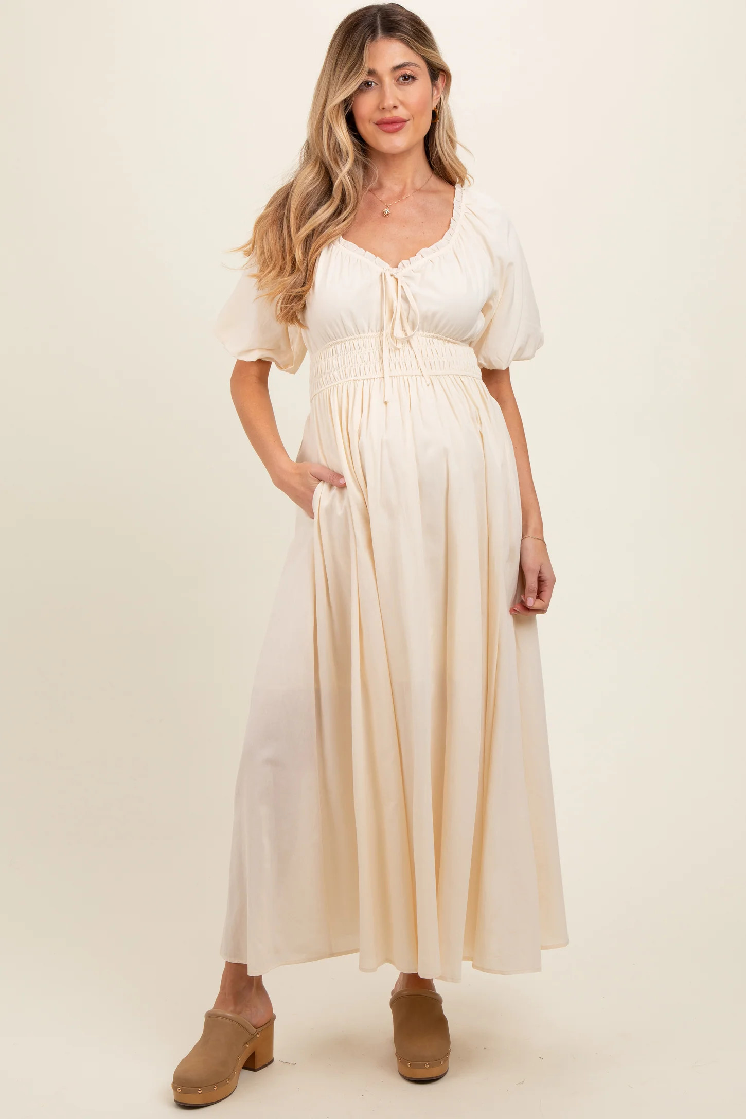 Cream Smocked Puff Sleeve Maternity Maxi Dress | PinkBlush Maternity