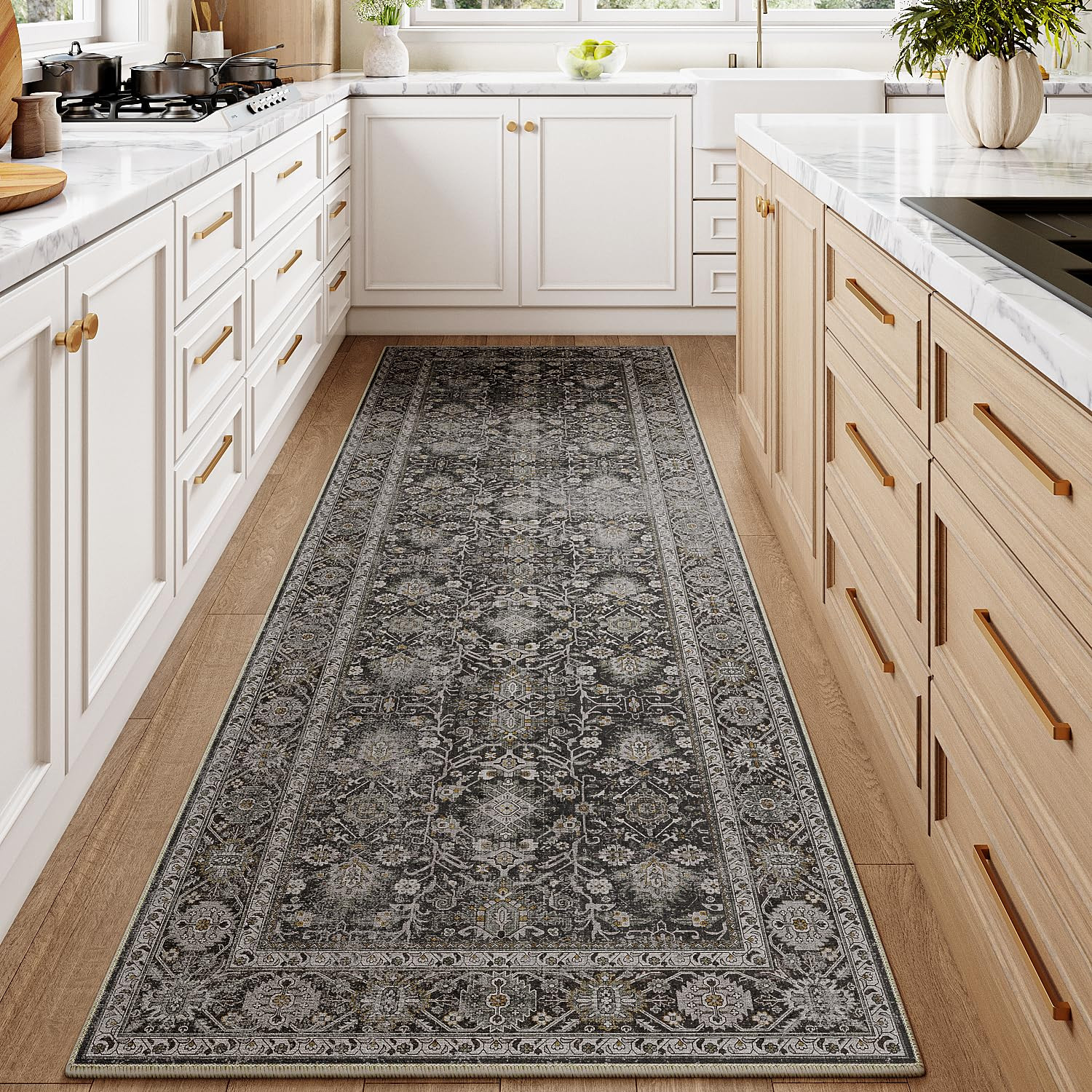 Black Runner Rug 2x7 Vintage Area Carpet Hallway Long Indoor Kitchen Washable Living Room Low Pil... | Amazon (US)